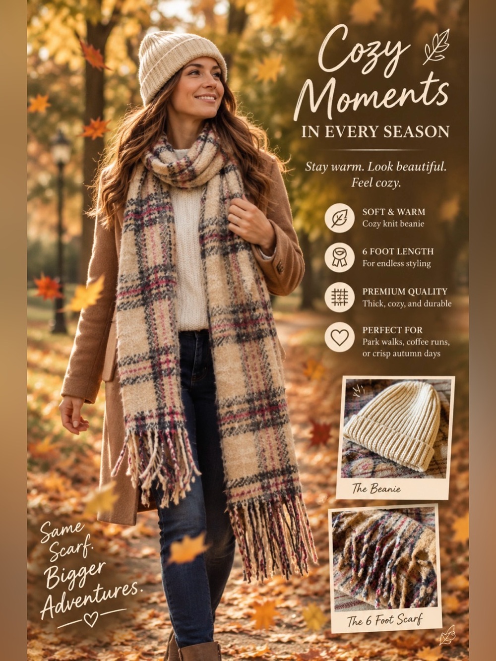 Cozy 6ft long scarf & knitted cream beanie